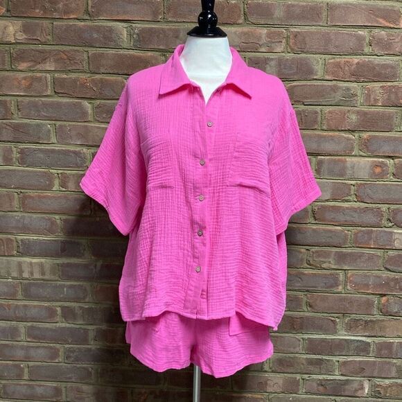 She + Sky Pink Gauze Button Down & Short Set Size Small NEW - Picture 5 of 11